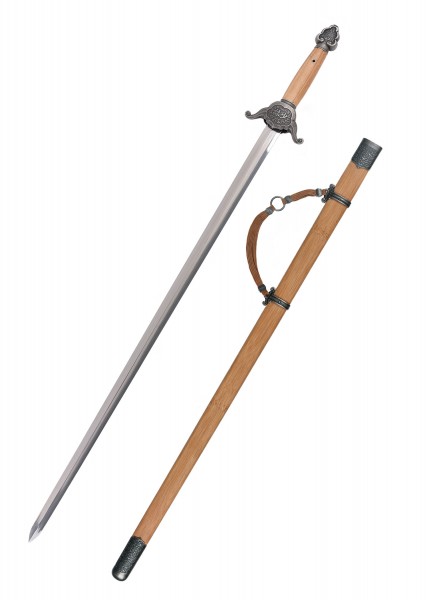 Das Shaolin Jian in Stahlausführung ist ein elegantes Schwert mit einer Klinge aus Stahl und einem kunstvoll verzierten Griff. Es kommt mit einer passgenauen Holzscheide, die ebenfalls mit dekorativen Details versehen ist.