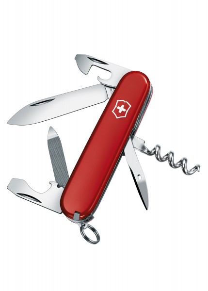 Das Bild zeigt ein rotes Offiziersmesser (Sportsman) mit mehreren ausgeklappten Werkzeugen, darunter eine Klinge, ein Schraubendreher, ein Korkenzieher und eine Nagelfeile. Das Schweizer Wappen befindet sich auf der Vorderseite des Messers. Es ist ko