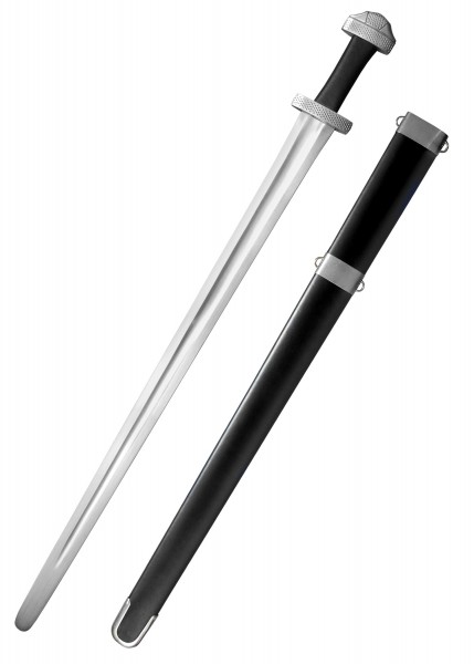 Tinker frühes Wikingerschwert mit Schaukampfklinge, SK-A. Das Schwert verfügt über eine breite Klinge, einen schwarzen Griff und eine silberne Parierstange. Enthält eine schwarze Scheide mit silbernen Akzenten.