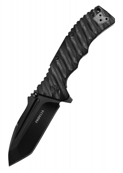 Das Proelia Tanto Taschenmesser von Defcon ist in matt-schwarz gehalten und verfügt über eine scharfe Klinge mit gezacktem Griff. Das klappbare Messer bietet eine robuste Bauweise und eignet sich für verschiedene Outdoor-Aktivitäten.