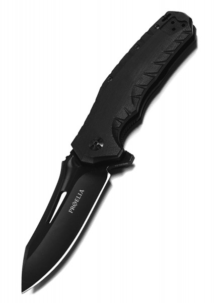 Das matt-schwarze Taschenmesser Proelia Drop Point von Defcon besticht durch seine elegante Gestaltung. Das Messer besitzt eine robuste Klinge und einen ergonomisch geformten Griff. Ideal für Outdoor-Enthusiasten und Sammler.