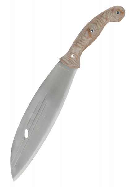 Das Primitive Bush Mondo Knife von Condor ist ein robustes Outdoor-Messer mit einer breiten, gebogenen Klinge und einem ergonomischen, hellen Holzgriff. Das Messer eignet sich ideal für Survival- und Bushcraft-Aktivitäten. Es hat eine spezielle Einke