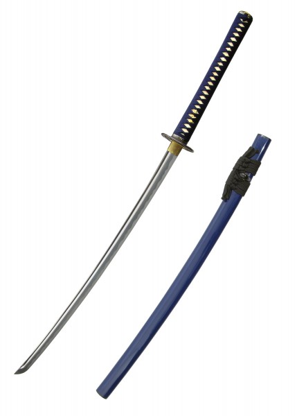 Die Golden Oriole Katana präsentiert mit ihrer blauen Scheide und dem verzierten Griff eine elegante, scharfe Klinge. Ideal für Sammler und Liebhaber traditioneller japanischer Schwerter. Die Details und Handwerkskunst sind hervorragend.
