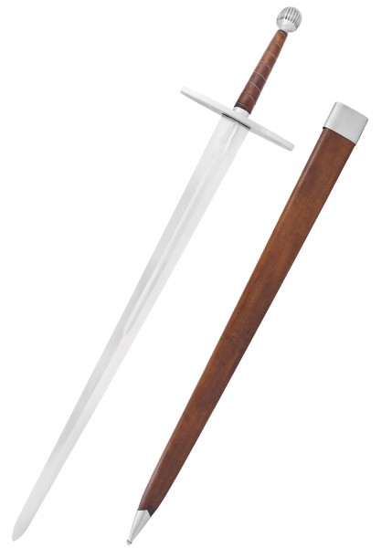 Langes Schwert mit einer eleganten Klinge und Scheide in regulärer Ausführung. Der Griff ist mit braunem Leder umwickelt und hat eine runde Knauf. Die Scheide ist aus glattem Holzmantel mit silbernen Beschlägen.