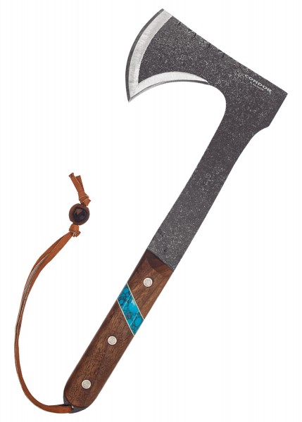 Der Blue River Tomahawk von Condor ist ein hochwertiges Werkzeug mit einer robusten Klinge und einem ergonomischen Griff. Der Griff zeigt eine auffällige blaue Intarsie und hat eine Lederschlaufe zur sicheren Handhabung.