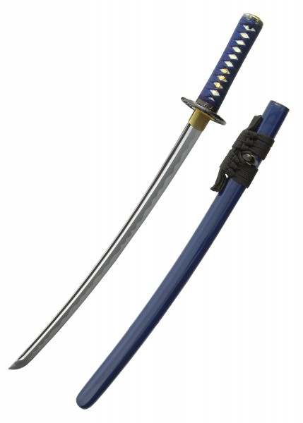 Das Golden Oriole Wakizashi ist ein kunstvoll gestaltetes japanisches Schwert. Es verfügt über eine scharfe, gebogene Klinge und einen blauen Griff mit goldenen Akzenten. Die dazugehörige Scheide ist in einem passenden Blauton gehalten.