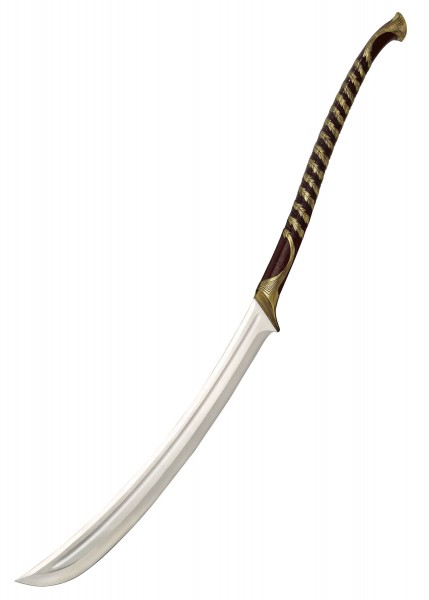 Ein kunstvoll gestaltetes Schwert der Elbenkrieger aus „Der Herr der Ringe“ von United Cutlery. Es verfügt über eine glänzende, geschwungene Klinge und einen kunstvoll verzierten Griff, der Eleganz und Stärke widerspiegelt.