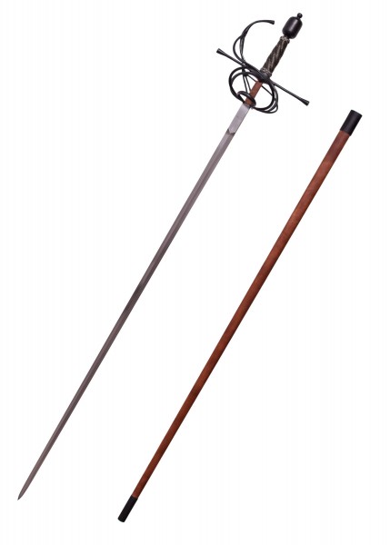 Der Torino Rapier Antikversion ist ein elegantes Fechtschwert mit einer kunstvollen Parierstange und einem länglichen, schmalen Klingenblatt. Das Schwert wird mit einer dazugehörigen Scheide geliefert, die aus robustem Material gefertigt ist.