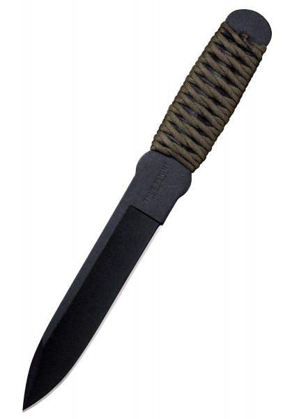 Das True Flight Wurfmesser mit Scheide hat eine schwarze Klinge und einen stabilen, griffigen Griff, der mit einer dunkelgrünen Schnur umwickelt ist. Dieses Messer eignet sich ideal für präzises Werfen und ist in einem schlanken, robusten Design geha
