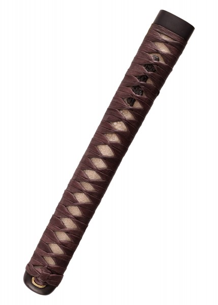 Detailaufnahme des John Lee Samuraischwert-Griffs mit Lederwicklung. Der dunkelbraune Ledergriff ist mit hellen, diamantförmigen Mustern durchzogen und zeigt feine Handwerkskunst, wodurch er sowohl stilvoll als auch funktional wirkt.