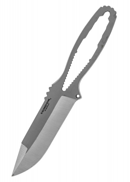 Das Bild zeigt das Bikers Knife von Condor, ein robustes, silbernes Messer mit durchgehender Full-Tang-Konstruktion. Der ergonomisch geformte Griff hat einen geformten Netzrücken für besseren Halt und Kontrolle.