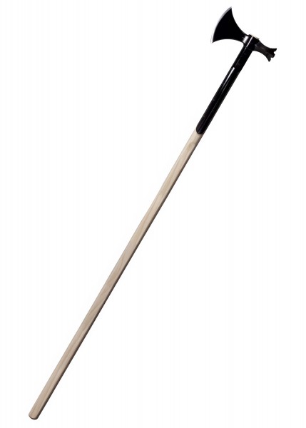 Eine mittelalterliche Mordaxt mit langem, hellen Holzgriff und schwarzem Axtkopf. Dies ist eine klassische Kriegsaxt, ideal für Schaukämpfe oder Sammlungen historischer Waffen. Robust und authentisch im Design.