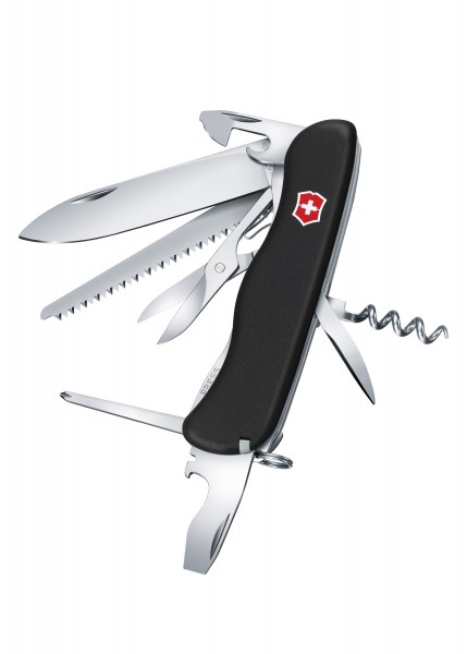 Das Bild zeigt das Outrider-Taschenmesser, 111 mm, schwarz von Victorinox. Mehrere Werkzeuge, darunter Messer, Säge, Schere und Korkenzieher, sind sichtbar ausgeklappt. Der Griff ist schwarz mit dem roten Victorinox-Logo. Ein vielseitiges und praktis