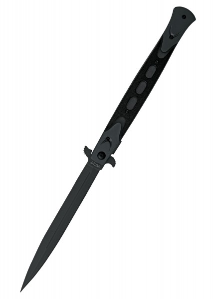 Das Rampage Assisted Open Stiletto Taschenmesser, groß, hat eine schlanke schwarze Klinge und einen geriffelten Griff für besseren Halt. Es ist ideal für Präzisionsarbeiten und bietet schnellen Zugang dank seiner federunterstützten Öffnung.
