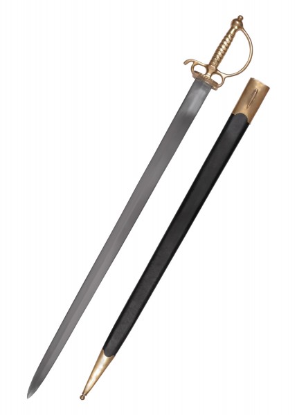 Das Europäische Kurzschwert wird mit passender Scheide präsentiert. Das Schwert hat einen dekorativen Griff mit goldenen Details und eine lange, gerade Klinge. Die Scheide ist schwarz mit goldenen Akzenten am Ende.