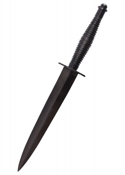 Das Kommando Messer ist ein schwarzes taktisches Messer mit einem geriffelten Griff für besseren Halt. Die lange, spitze Klinge macht es ideal für präzise Schneidaufgaben. Geeignet für Outdoor-Aktivitäten und historische Reenactments.