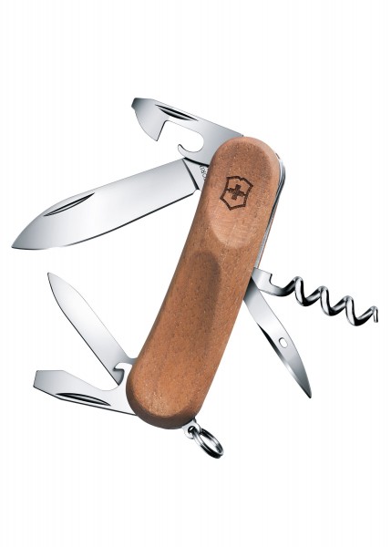 Das EvoWood 14 ist ein Schweizer Taschenmesser aus Nussbaumholz mit 85 mm Länge. Es kombiniert mehrere Werkzeuge wie Klingen, Korkenzieher und Schraubendreher. Der Griff aus Nussbaumholz verleiht dem Messer ein elegantes und robustes Aussehen.