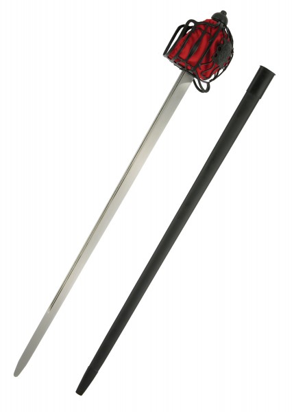 Das Schottische Korbschwert Practical, SK-B, zeigt eine detaillierte Metallkorbgriff mit rotem Griff und eine lange Klinge. Der schwarze Scheide begleitet das Schwert und sorgt für sicheren Transport. Ideal für historische Sammlungen.