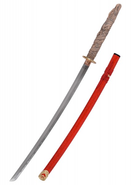 Das Schwert Highlander Katana MacLeod von Marto hat eine lange, gebogene Metallklinge mit einem detaillierten Griff. Die rote Scheide ist mit goldenen Akzenten verziert. Ideal für Sammler und Fans von Filmerinnerungsstücken.