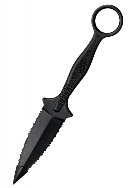 Die FGX Ring Dagger ist ein schwarzer Kampfdolch aus Kunststoff. Er verfügt über eine doppelschneidige Klinge mit gezackten Rändern und einen Ringgriff für verbesserte Handhabung. Ideal für Trainingszwecke oder Selbstverteidigung.