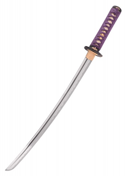 Tonbo Wakizashi mit einer eleganten, gebogenen Klinge und einem detaillierten Griff mit lila Band und goldenen Akzenten. Ein Kunstwerk der Schwertschmiedekunst, ideal für Sammler und Liebhaber japanischer Schwerter.