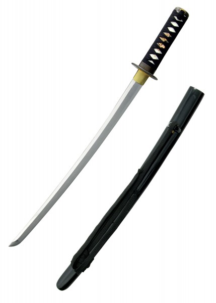 Das Practical Wakizashi ist ein traditionelles japanisches Kurzschwert mit einer gebogenen Klinge und einem kunstvoll gewickelten Griff. Die schwarze Scheide bietet optimalen Schutz. Perfekt für Sammler und Kampfkünstler.