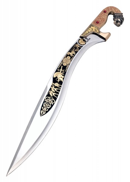 Das Schwert Alexander der Große, Limited Edition von Marto, besticht durch eine kunstvoll verzierte Klinge und einen aufwendig gestalteten Griff. Mit goldfarbenen Akzenten und detailreichen Gravuren ist es ein wahres Sammlerstück.