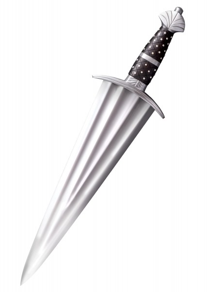 Dieses Bild zeigt ein Cinquedea-Kurzschwert mit einer glänzenden Klinge und einem dekorativen, schwarzen Griff mit metallischen Akzenten. Das Schwert ist in einem klassischen, traditionellen Design gehalten.