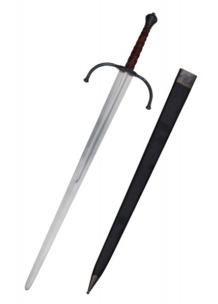 Ein spätmittelalterliches Zweihandschwert für Schaukampf, SK-C, mit langer Klinge und kunstvoll gedrehtem Griff. Die dazugehörige schwarze Scheide liegt daneben. Ideal für historische Nachstellungen und Kampfvorführungen.