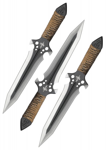 Das Kit Rae Hellhawk 3er-Wurfmesser-Set besteht aus drei robusten, gut ausbalancierten Messern. Jedes Messer hat eine scharfe Doppelklinge, ein handgemachtes Griffband und eine auffällige, markante Gravur auf der Klingenbasis.