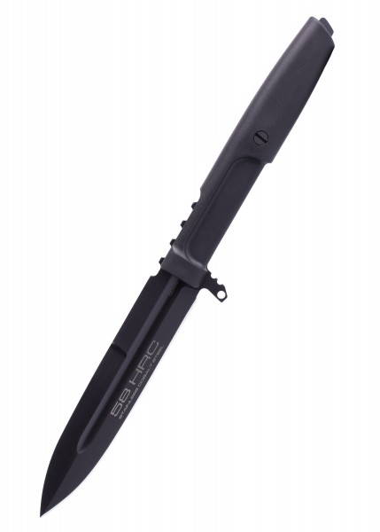 Das Extrema Ratio REQUIEM ist ein schwarzes, feststehendes Messer. Es verfügt über eine schlanke, glatte Klinge mit der Aufschrift 58 HRC und einen ergonomischen Griff. Ideal für den taktischen Einsatz und Outdoor-Aktivitäten.