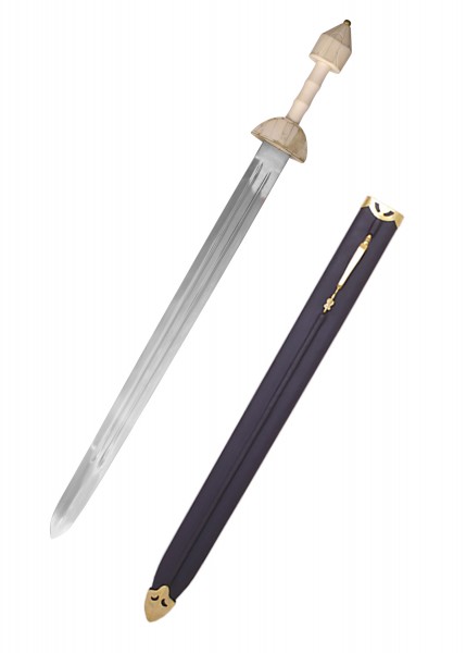 Eine spät-römische Spatha mit einer eleganten Scheide. Das Schwert hat einen polierten, langen Stahlklinge und einen detailreichen Griff. Die Scheide ist in Dunkelblau gehalten, mit goldenen Akzenten und Verzierungen.