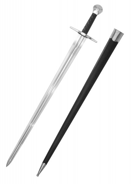 Das Bild zeigt das Sir William Marshall Schwert mit Karbonstahlklinge. Das Schwert hat einen geraden Griff mit dekorativen Details und wird zusammen mit einer passenden Scheide präsentiert. Es ist perfekt für Sammler und Mittelalterfans.