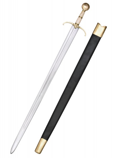 Das Guinegate Schwert Kaiser Maximilians I. mit Scheide zeigt eine lange Klinge mit einem eleganten, vergoldeten Heft. Die passende Scheide hat ebenfalls goldene Details und einen schwarzen Lederüberzug. Ideal für Mittelalter-Enthusiasten.