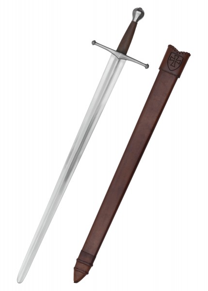 Dieses deutsche Mittelalter-Einhandschwert für leichten Schaukampf (SK-C) hat eine schlanke, gerade Klinge und einen braunen Ledergriff. Die braune Scheide, ebenfalls aus Leder, ist mit einem traditionellen Wappen verziert.