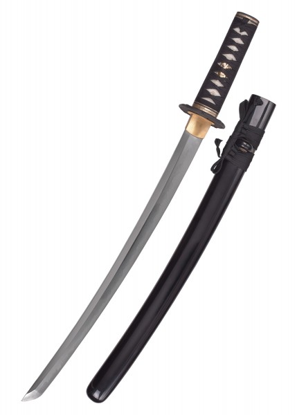 Das Bild zeigt ein Wakizashi-Schwert aus Bambus, genannt Bamboo Mat. Es hat eine gebogene Klinge und einen kunstvoll gestalteten Griff. Die Scheide ist schwarz und elegant. Das Produkt ist detailliert und hochwertig verarbeitet.