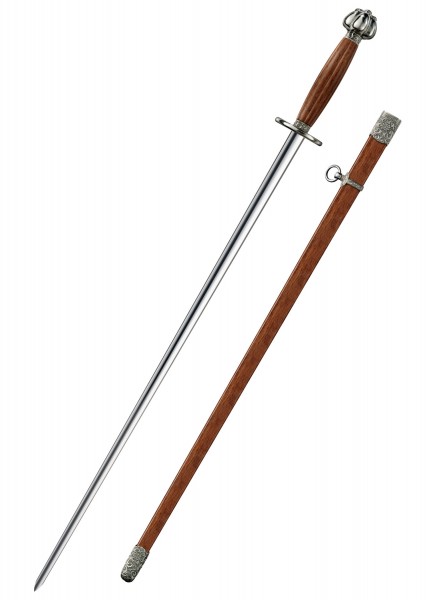 Ein detailliertes Bild des chinesischen Schwertbrechers. Die Aufnahme zeigt die lange, gerade Klinge und den braunen Griff. Die Scheide ist ebenfalls aus braunem Holz gefertigt und weist kunstvolle Silberverzierungen auf.