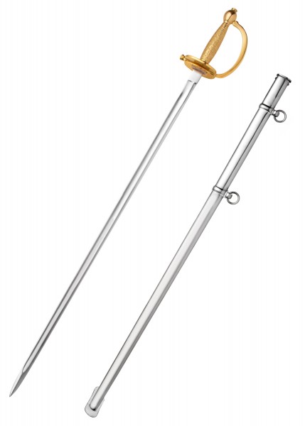 Der US Unteroffizier Degen Modell 1840 mit Scheide zeigt ein elegantes, langes, weißes Schwert mit vergoldetem Griff. Die dazugehörige Scheide ist ebenso lang und silberfarben, mit einem Ring zum Befestigen.