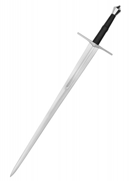 Zweihänder-Schwert aus dem Mittelalter mit langer Klinge und robustem Griff. Hochwertige Verarbeitung, ideal für historische Reenactments oder als Sammlerstück. Detailaufnahme der gesamten Waffe zeigt die handwerkliche Präzision.