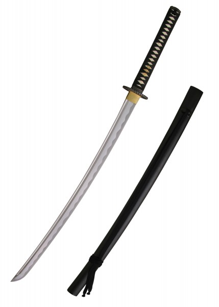 Das Practical Plus XL Light Katana ist ein traditionelles Samuraischwert mit einer polierten Klinge, die eine sanfte Kurve zeigt. Der Griff ist kunstvoll mit schwarzem und weißem Band umwickelt, und die Scheide ist schlicht in Schwarz gehalten.