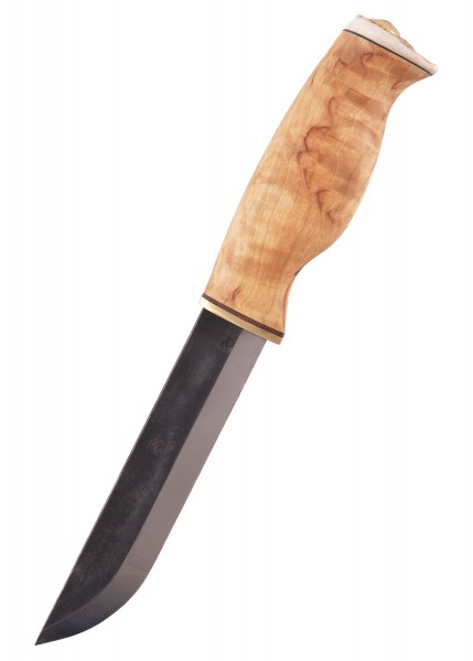 Das Jagdmesser BearLeuku von Wood-Jewel verfügt über eine robuste, dunkle Klinge und einen ergonomisch geformten Griff aus hellem Holz. Die hochwertige Verarbeitung garantiert Langlebigkeit und Zuverlässigkeit bei Outdoor-Abenteuern.