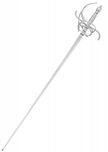 Praktisches Rapier mit einer 109 cm langen Klinge. Das Schwert verfügt über einen kunstvoll gestalteten Griff und eine schmale, spitze Klinge. Es handelt sich um eine detailgetreue Nachbildung eines historischen Rapier-Schwertes.