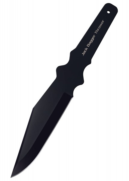 Das Bild zeigt das Jack Dagger Wurfmesser, hergestellt aus robustem schwarzen Stahl mit einer beschrifteten Klinge und ergonomischem Griff. Es ist speziell für präzises Werfen konzipiert, seine geschwärzte Oberfläche minimiert Reflexionen. Ideal für 