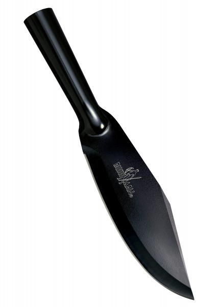 Das Bowie Bushman Outdoormesser verfügt über eine robuste, breite Klinge mit einer spitzen Spitze und einem ergonomischen Hohlgriff. Das Messer ist schwarz und das Logo ist auf der Klinge eingraviert. Es ist speziell für Outdoor-Aktivitäten konzipier