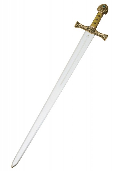 Das Schwert von Ivanhoe von Marto zeichnet sich durch eine kunstvoll verzierte Parierstange und einen Griff mit feinen Details aus. Die Klinge ist gerade und glänzend, der Knauf ist mit einem grünen Edelstein geschmückt.