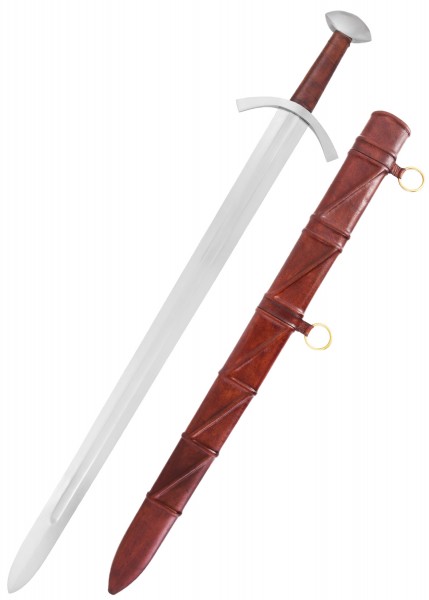 Turiner Mauritius Schwert mit Scheide aus dem 13. Jahrhundert. Das Schwert hat eine lange, schmale Klinge und ist mit einem Lederscheide ausgestattet, die mit Ringen zur Befestigung versehen ist. Ideal für Mittelalter-Enthusiasten.