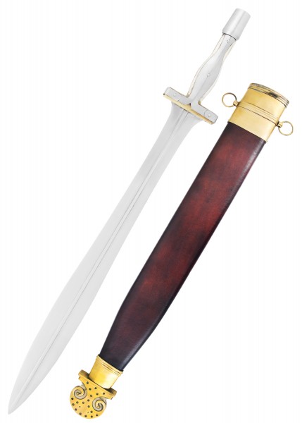 Das abgebildete Hopliten-Schwert aus Campovalano mit Scheide zeichnet sich durch seine detailreiche Gestaltung aus. Es verfügt über einen eleganten, silbernen Knauf und eine kunstvoll verzierte, braune Scheide mit goldfarbenen Beschlägen.