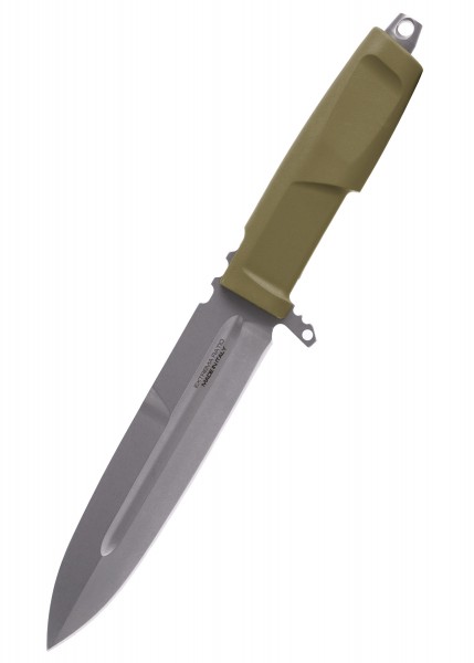 Das Extrema Ratio CONTACT ist ein feststehendes Messer mit einer robusten Metallklinge und einem olivfarbenen Griff. Perfekt für Outdoor- und Survival-Abenteuer.