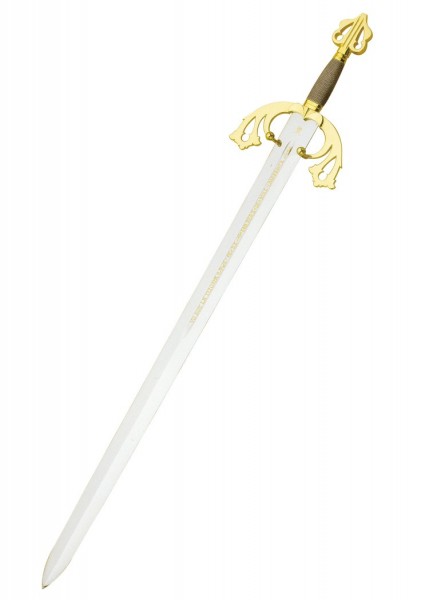 Das Bild zeigt El Cids Schwert Tizona von Marto in goldfarben. Es handelt sich um ein detailliert gestaltetes Langschwert mit einem reich verzierten goldfarbenen Griff und einer langen, gerade Klinge.