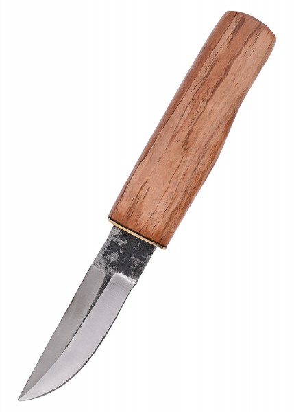 Mittelaltermesser mit robustem Holzgriff und Lederscheide. Das Messer zeigt eine scharfe, leicht geschwungene Klinge und einen ergonomisch geformten Griff aus Holz, der eine natürliche Maserung aufweist.